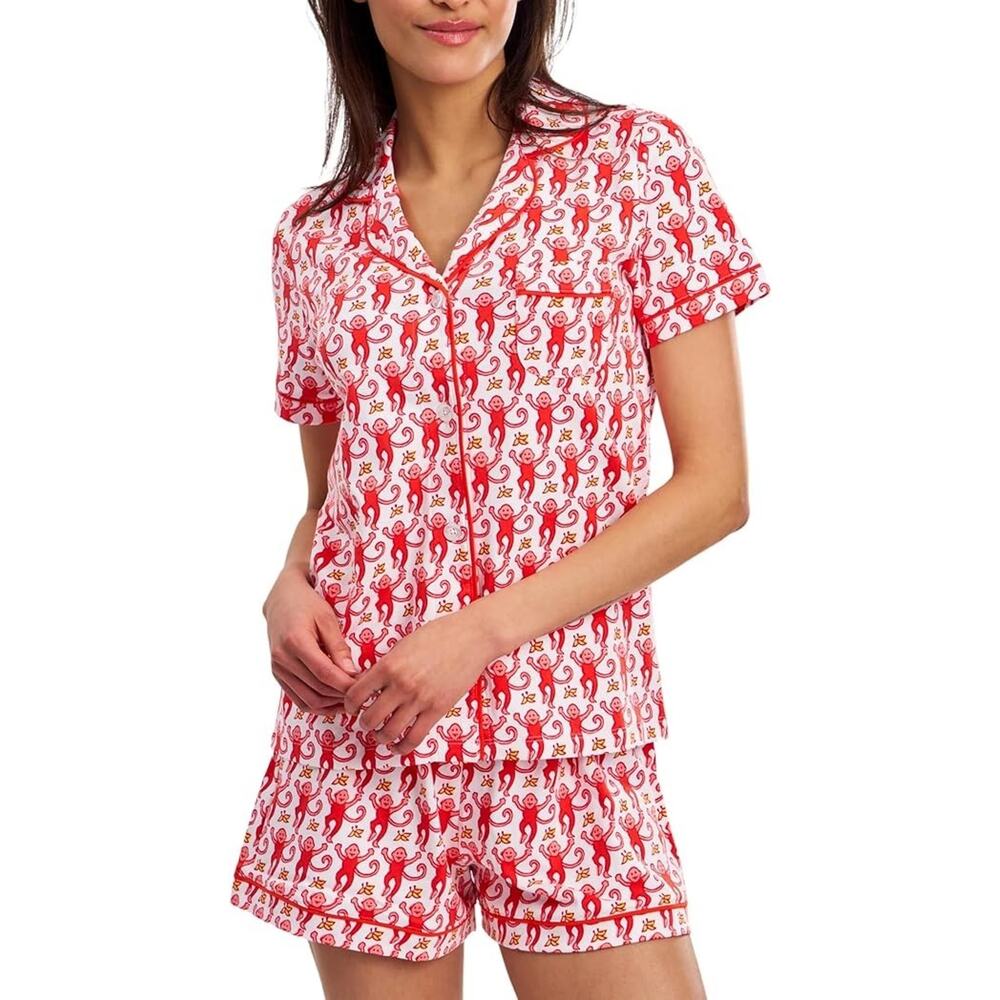 Women Y2k Pajamas Set Cute Preppy 2PCS Button Down Holiday Monkey Shorts Summer - Picture 2 of 5